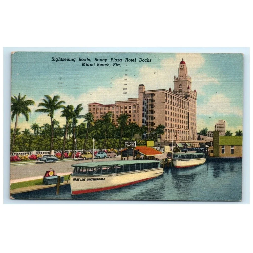 Vintage Postcard Sightseeing Boats Roney Plaza Hotel Docks Miami Beach Florida‎